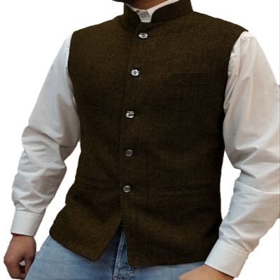 Tuikayoo Mens Herringbone Wool Vests Suit Business Tweed High Collar Waistcoats Slim Fit(X-Large, Coffee)