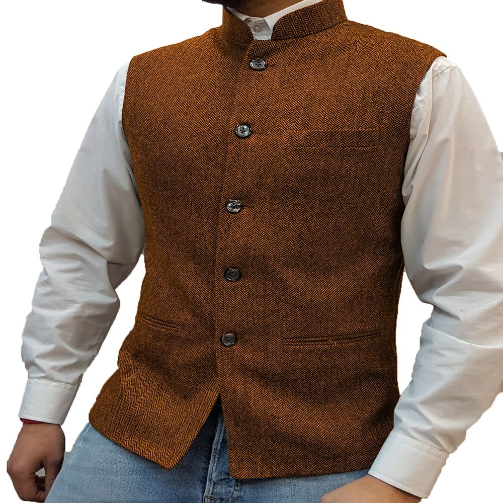 Tuikayoo HSLS Mens Herringbone Wool Vests Suit Business Tweed High Collar Waistcoats Slim Fit(3X-Large, Orange)