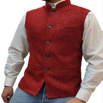 Tuikayoo Mens Herringbone Wool Vests Suit Business Tweed High Collar Waistcoats Slim Fit(X-Large, Red)