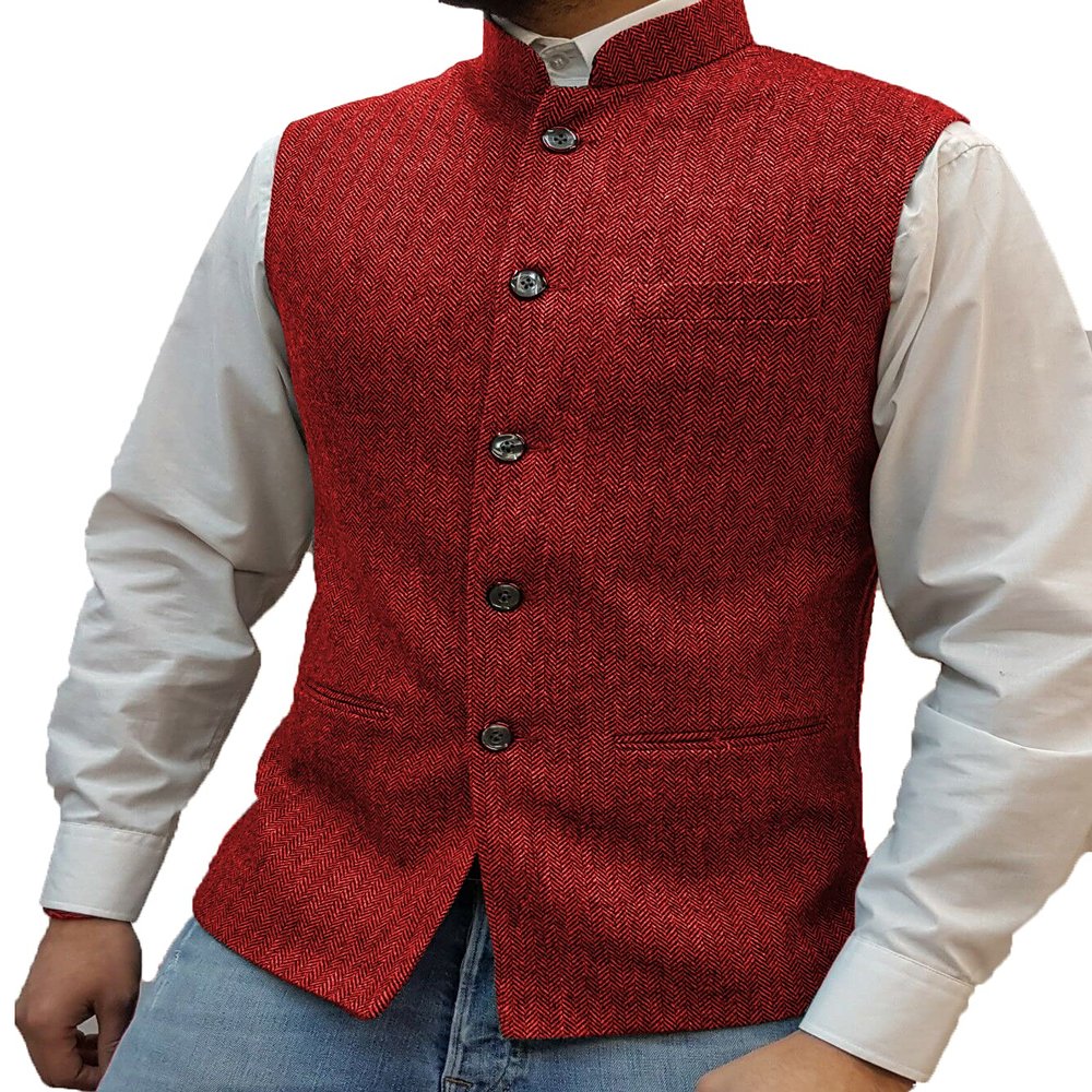 Tuikayoo Mens Herringbone Wool Vests Suit Business Tweed High Collar Waistcoats Slim Fit(X-Large, Red)