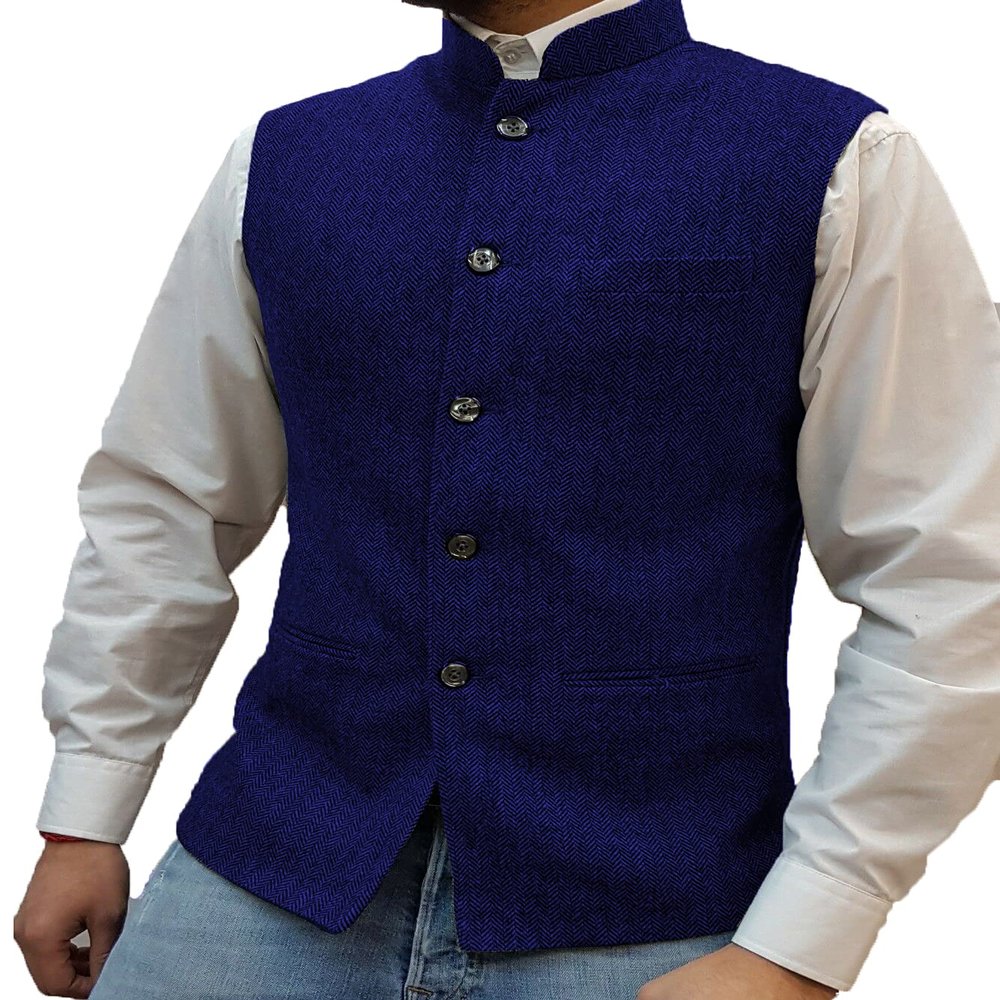 Tuikayoo Mens Herringbone Wool Vests Suit Business Tweed High Collar Waistcoats Slim Fit(X-Large, Royal Blue)