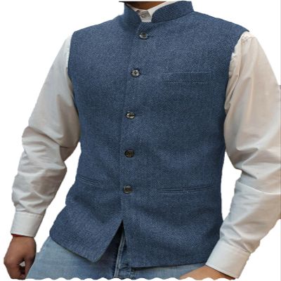 Tuikayoo Mens Herringbone Wool Vests Suit Business Tweed High Collar Waistcoats Slim Fit(Medium, Light Blue)