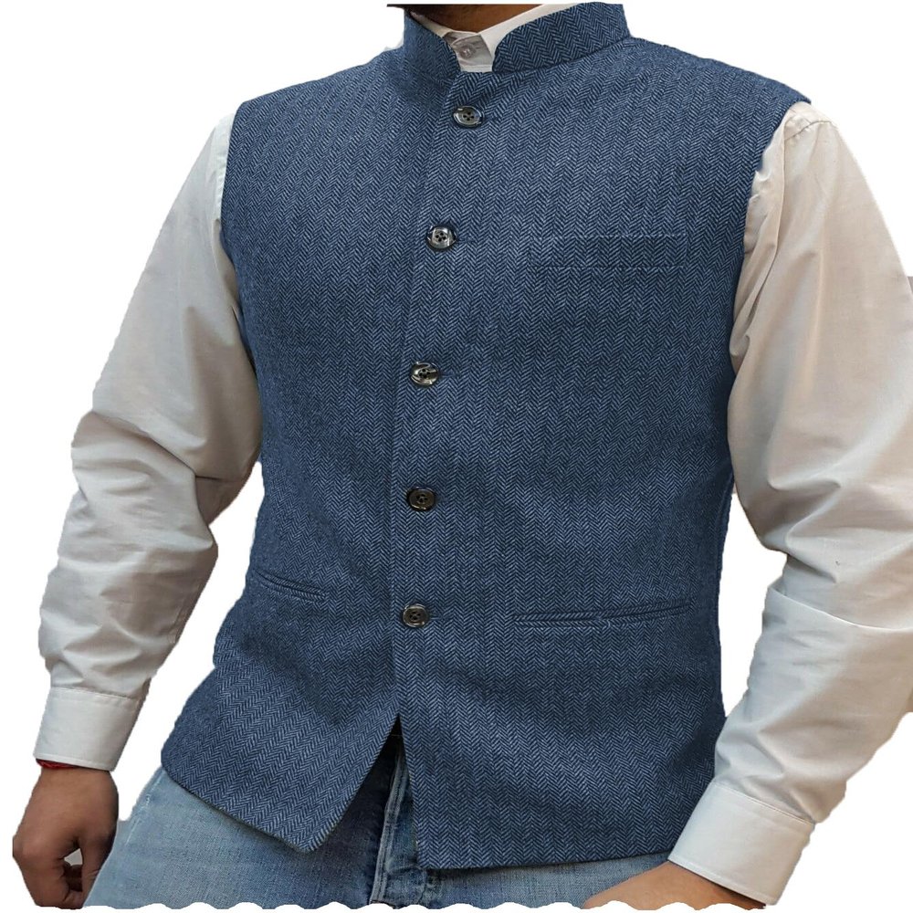 Tuikayoo Mens Herringbone Wool Vests Suit Business Tweed High Collar Waistcoats Slim Fit(Medium, Light Blue)