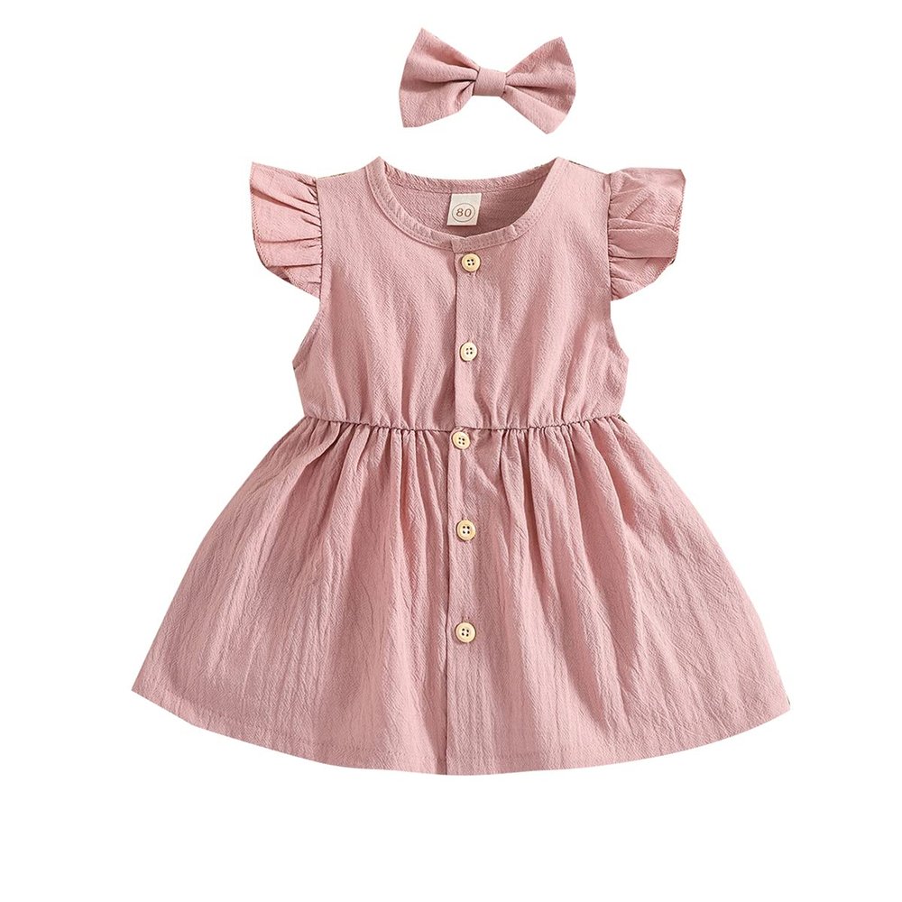 YINGISFITM Toddler Baby Girl Linen Skirt Outfits Solid Ruffle Sleeveless Button Dress Casual Clothes with Headband (Pink,18-24 Months)