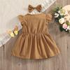YINGISFITM Toddler Baby Girl Linen Skirt Outfits Solid Ruffle Sleeveless Button Dress Casual Clothes with Headband (Brown,18-24 Months) view 2