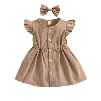 YINGISFITM Toddler Baby Girl Linen Skirt Outfits Solid Ruffle Sleeveless Button Dress Casual Clothes with Headband (Khaki,2-3T)