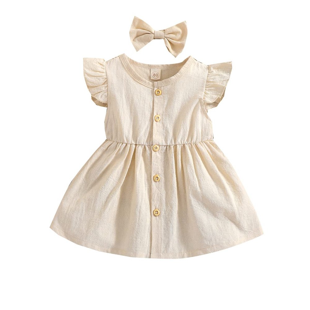 YINGISFITM Toddler Baby Girl Linen Skirt Outfits Solid Ruffle Sleeveless Button Dress Casual Clothes with Headband (Cream,3-4T)