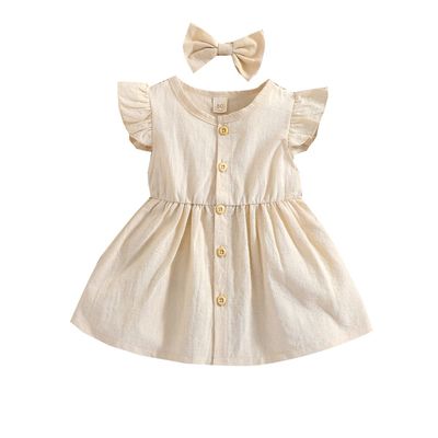 YINGISFITM Toddler Baby Girl Linen Skirt Outfits Solid Ruffle Sleeveless Button Dress Casual Clothes with Headband (Cream,2-3T)