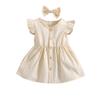 YINGISFITM Toddler Baby Girl Linen Skirt Outfits Solid Ruffle Sleeveless Button Dress Casual Clothes with Headband (Cream,2-3T) view 1