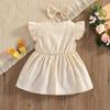 YINGISFITM Toddler Baby Girl Linen Skirt Outfits Solid Ruffle Sleeveless Button Dress Casual Clothes with Headband (Cream,2-3T) view 2