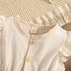 YINGISFITM Toddler Baby Girl Linen Skirt Outfits Solid Ruffle Sleeveless Button Dress Casual Clothes with Headband (Cream,2-3T) view 3