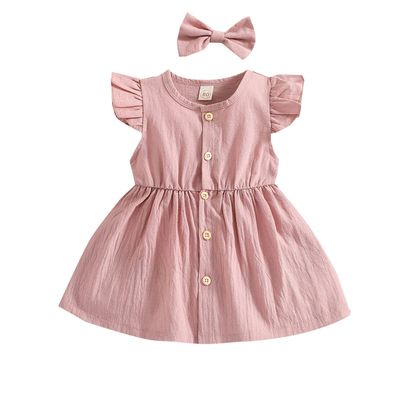 YINGISFITM Toddler Baby Girl Linen Skirt Outfits Solid Ruffle Sleeveless Button Dress Casual Clothes with Headband (Pink,2-3T)