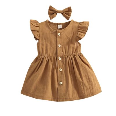 YINGISFITM Toddler Baby Girl Linen Skirt Outfits Solid Ruffle Sleeveless Button Dress Casual Clothes with Headband (Brown,3-4T)