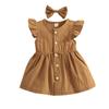 YINGISFITM Toddler Baby Girl Linen Skirt Outfits Solid Ruffle Sleeveless Button Dress Casual Clothes with Headband (Brown,3-4T) view 1