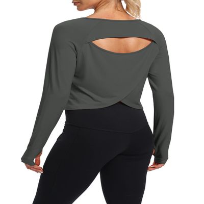 Bestisun Cropped Tops Long Sleeve Open Back Workout Gym Sports Clothes for Women with Thumb Hole Deep Gray S