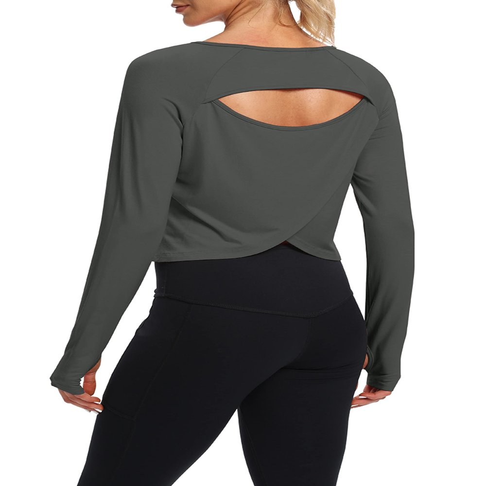 Bestisun Cropped Tops Long Sleeve Open Back Workout Gym Sports Clothes for Women with Thumb Hole Deep Gray S