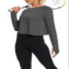 Bestisun Cropped Tops Long Sleeve Open Back Workout Gym Sports Clothes for Women with Thumb Hole Deep Gray S view 3