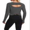 Bestisun Cropped Tops Long Sleeve Open Back Workout Gym Sports Clothes for Women with Thumb Hole Deep Gray S view 4