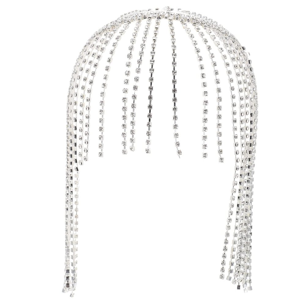 Rhinestone Head Chain Forehead Tassel: Tassel Crystal Rhinestone Cap Headpiece Belly Dance Flapper Cap Headpieces Bridal Head Jewelry for Women Girls Silver