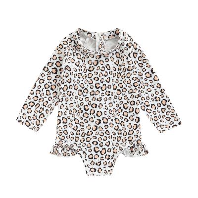 Lamuusaa Kid Baby Girls One Piece Swimsuit Long Sleeve Zipper Swimwear Ruffle Rashguard Bathing Suits Beachwear Leopard