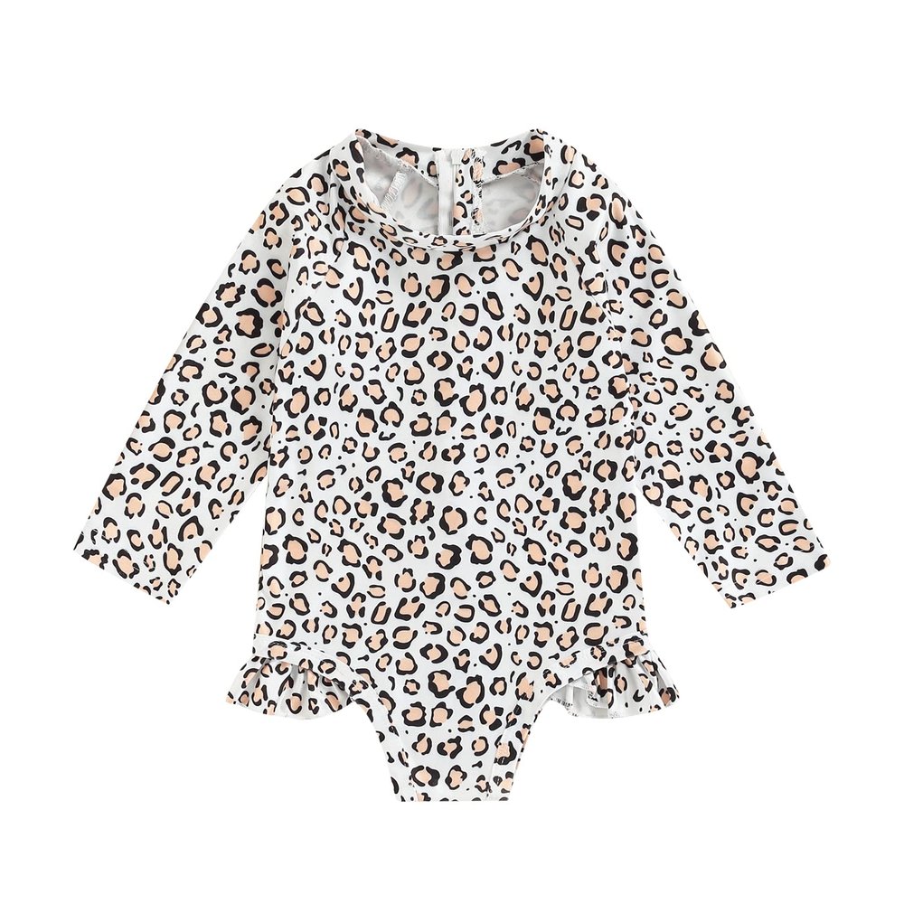 Lamuusaa Kid Baby Girls One Piece Swimsuit Long Sleeve Zipper Swimwear Ruffle Rashguard Bathing Suits Beachwear Leopard