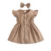 YINGISFITM Toddler Baby Girl Linen Skirt Outfits Solid Ruffle Sleeveless Button Dress Casual Clothes with Headband (Khaki,18-24 Months) view 1