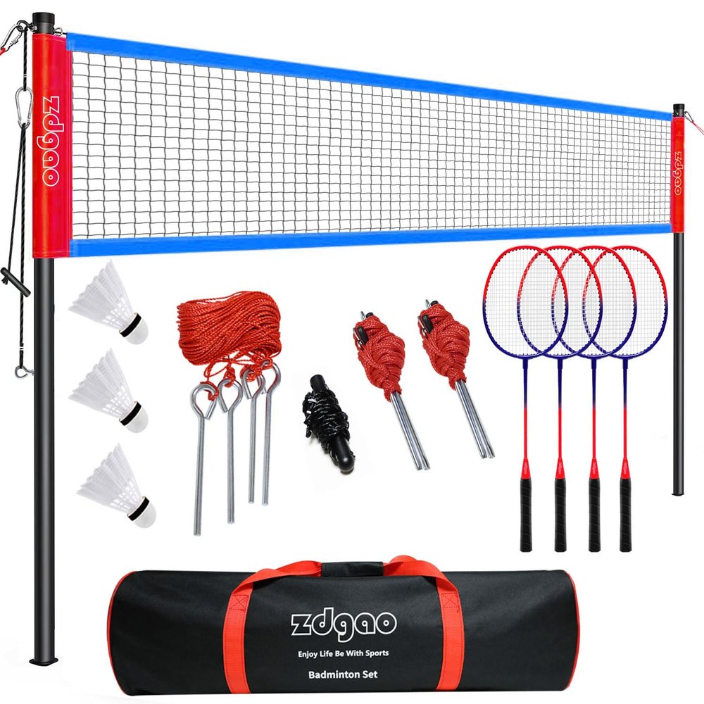 Badminton Set for Backyard, Portable Badminton Net with Tension Adjuster, Badminton Racket Set of 4, 3 Nylon Shuttlecocks, Boundary Line and Carry Bag for Backyard Beach Family Games