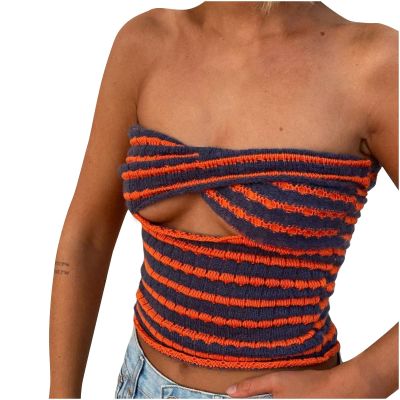 5665 Women Sexy Bandeau Tube Top Twist Front Cutout Cropped Sweater Striped Ribbed Knit Crop Top Sexy Y2K Blouse Sexy Tee Orange X-Large