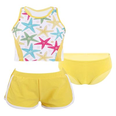 Daenrui Kids Girls Floral Racer Back Crop Top with Bottoms Boardshorts 3 Pieces Athletic Tankini Swimsuit Starfish 4 Years
