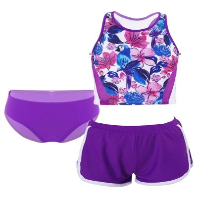 Daenrui Kids Girls Floral Racer Back Crop Top with Bottoms Boardshorts 3 Pieces Athletic Tankini Swimsuit Purple 4 Years