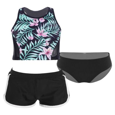 Daenrui Kids Girls Floral Racer Back Crop Top with Bottoms Boardshorts 3 Pieces Athletic Tankini Swimsuit Lily 4 Years