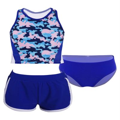 Daenrui Kids Girls Floral Racer Back Crop Top with Bottoms Boardshorts 3 Pieces Athletic Tankini Swimsuit Blue 4 Years