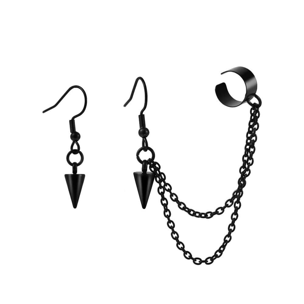 Retro Long And Short Rivet Earrings Ear Clips Fashion Goth Punk Tassel Earrings (black2)