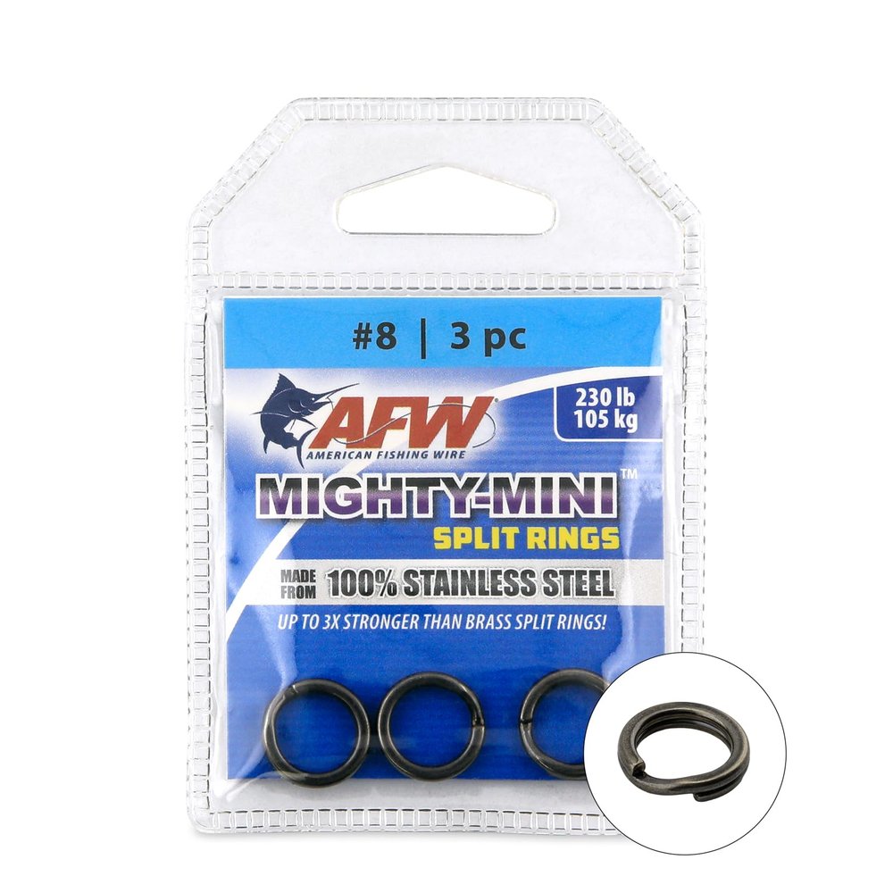American Fishing Wire Mighty Mini Stainless Steel Split Ring, Size #8, 230 lb Test, Gunmetal Black, 3 pc