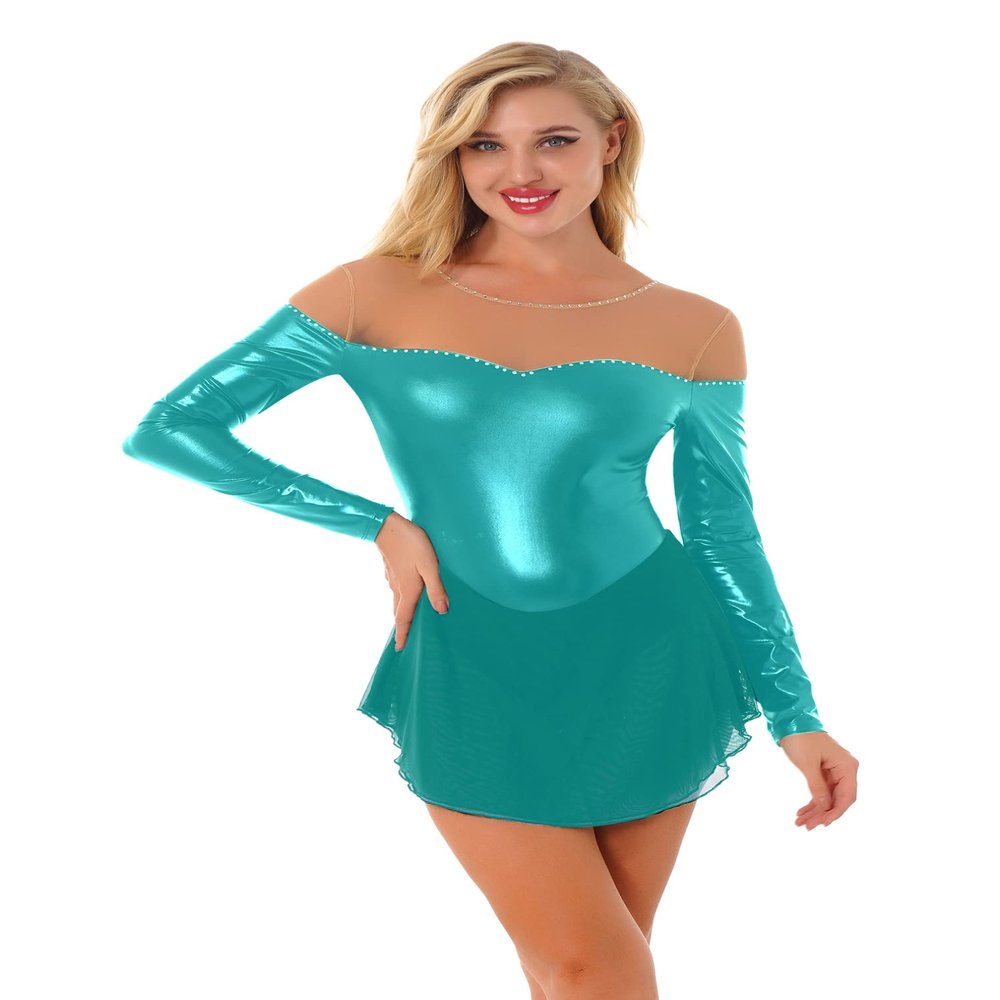 FEESHOW Women's Adult Velvet Double Layer Mesh Skirt Figure Skating Dress Ice Skating Dresses Metallic Green Large