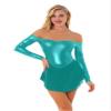 FEESHOW Women's Adult Velvet Double Layer Mesh Skirt Figure Skating Dress Ice Skating Dresses Metallic Green Large view 1