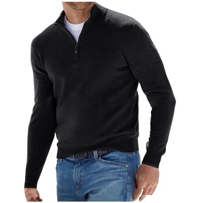 Mens Quarter Zip Knitted Sweater Classic Ribbed Turtleneck Pullover Sweaters Vintage Y2K Zip Up Long Sleeve T Shirts Black