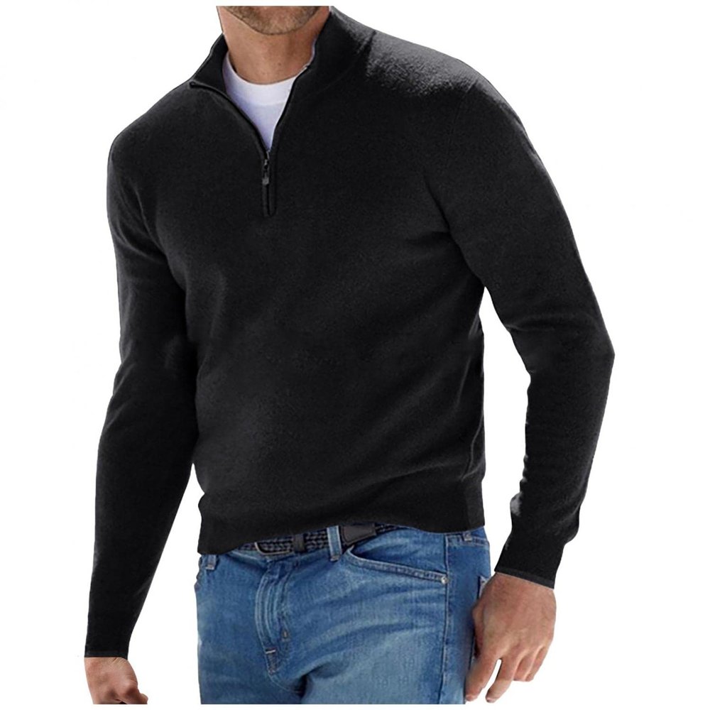 Mens Quarter Zip Knitted Sweater Classic Ribbed Turtleneck Pullover Sweaters Vintage Y2K Zip Up Long Sleeve T Shirts Black