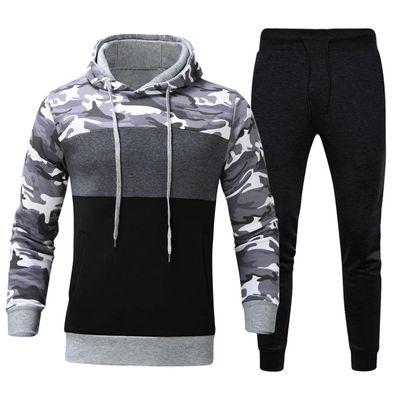 Men's Camo Tracksuits 2 Piece Cotton Hoodie Sweatshirts & Joggers Sets Patchwork Running Jogging Sports Sweatsuits