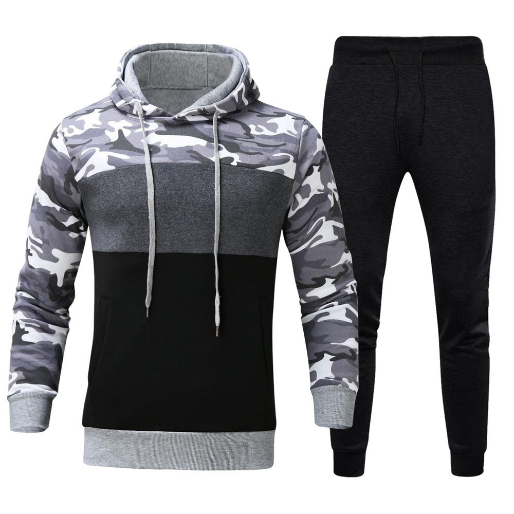 Men's Camo Tracksuits 2 Piece Cotton Hoodie Sweatshirts & Joggers Sets Patchwork Running Jogging Sports Sweatsuits