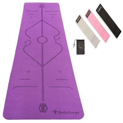 BodyForge Exercise Yoga Mat (Purple/Pink) & Fabric Hip Bands Set Bundle