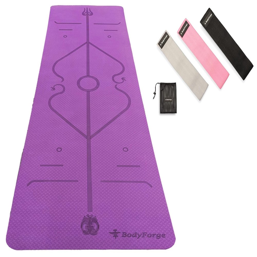 BodyForge Exercise Yoga Mat (Purple/Pink) & Fabric Hip Bands Set Bundle