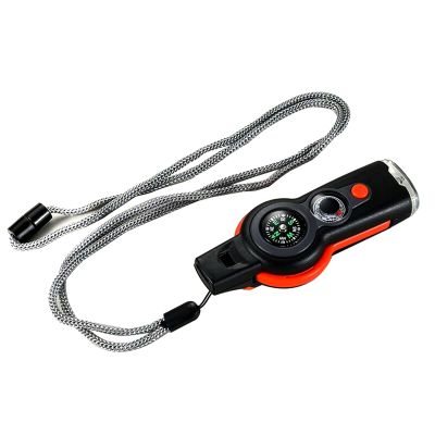 7 in 1 Multi-Function Compass, Outdoor Survival Safety Whistle Compass Thermometer LED Mirror Magnifying Glass Multitool for Camping, Hiking, Hunting, Fishing and Adventure (Orange)
