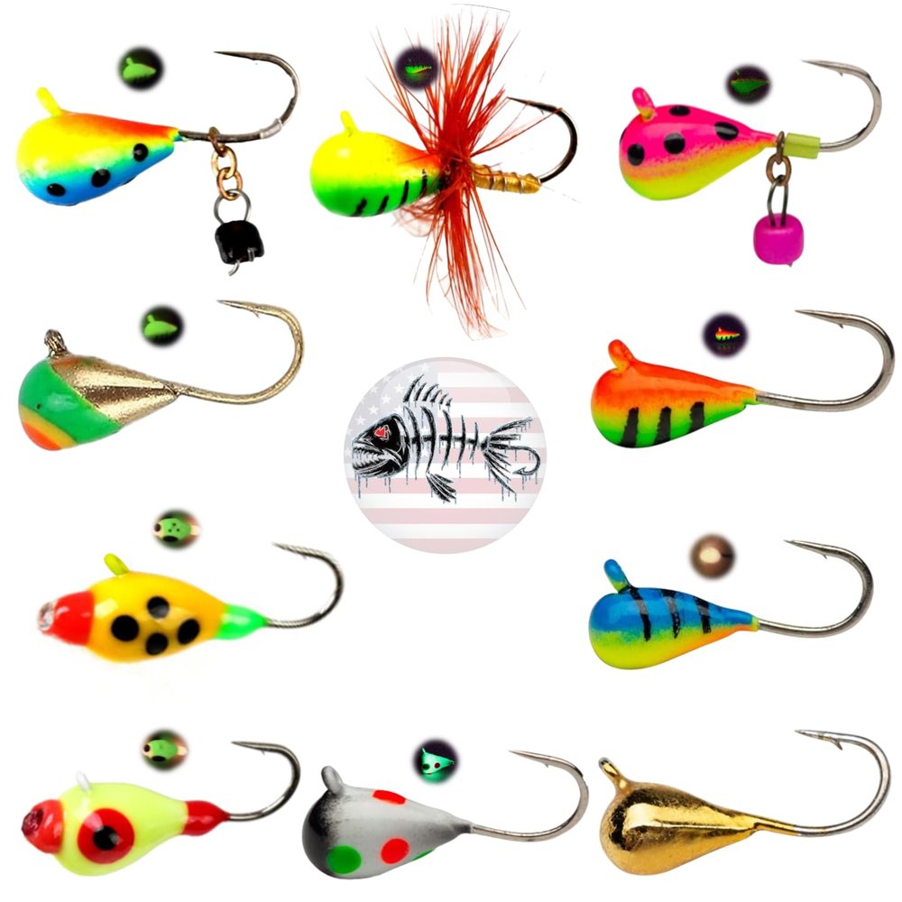 Tungsten UV Glow Ice Fishing Jigs - Sol Mates 10 Pack 4mm 1.4gm #10 Hook Jigging Flyfish Lure Bait Walleye Crappie Panfish Trout Mermaid Gear