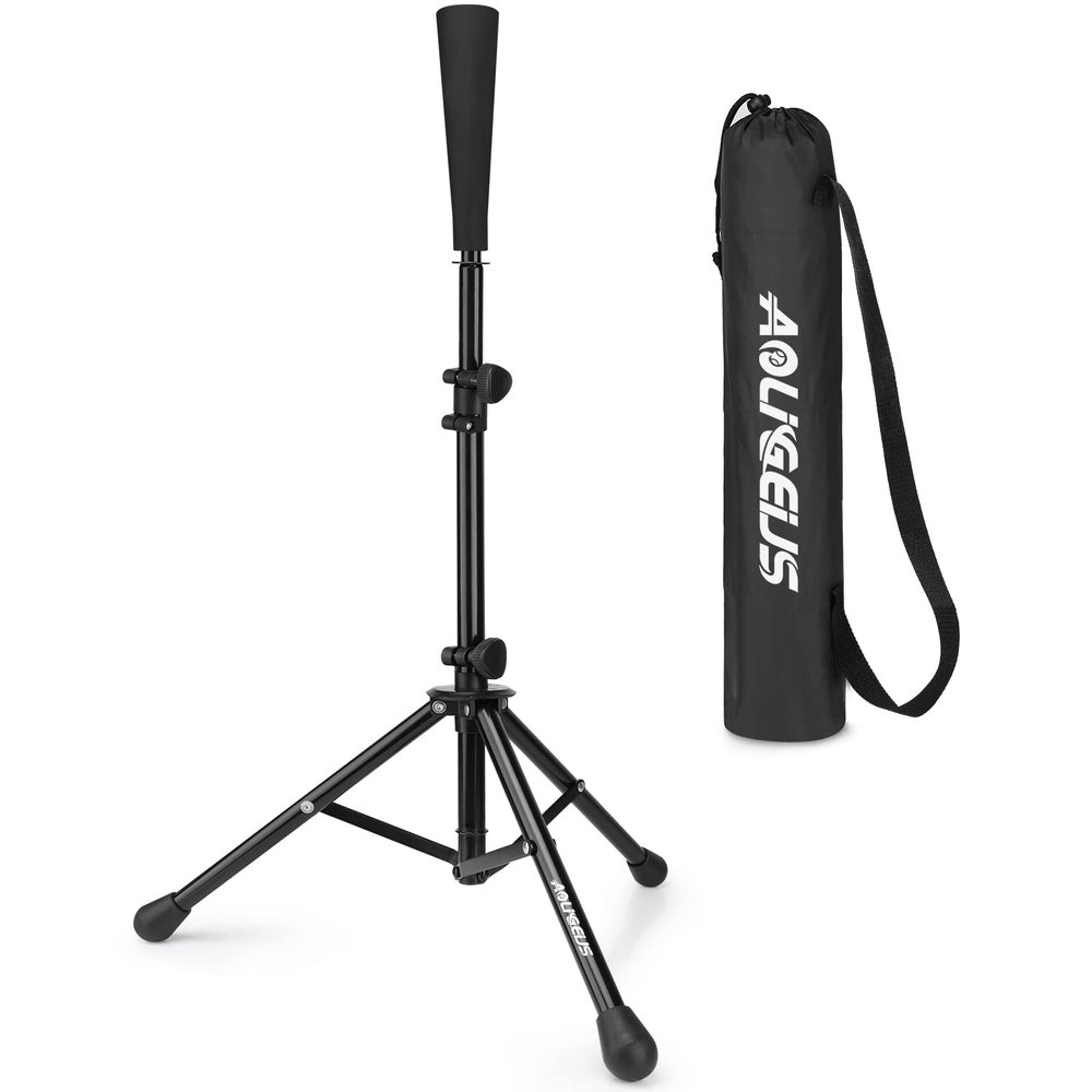 AOLIGEIJS Baseball Tee Batting Tee,Teeball, Portable Travel Hitting Tees,Easy Adjustable Height,Stable Tripod Stand (Baseball Tee, Black)