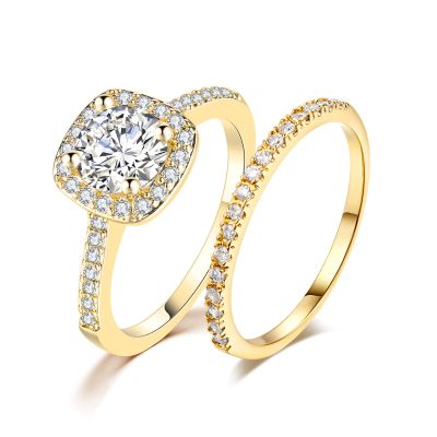 Ahloe Jewelry CEJUG 18K Gold Plated Wedding Rings for Women Engagement Bridal Ring Set Wedding Bands Halo Round Golden 1.5Ct Cz Size 8