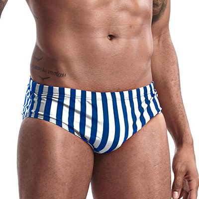 AIMPACT Mens Swim Briefs Sexy Swimsuit Bikini Swimwear Quick Dry Bathing Suit Men Stripe Swimming Birefs (WhiteBlue S)