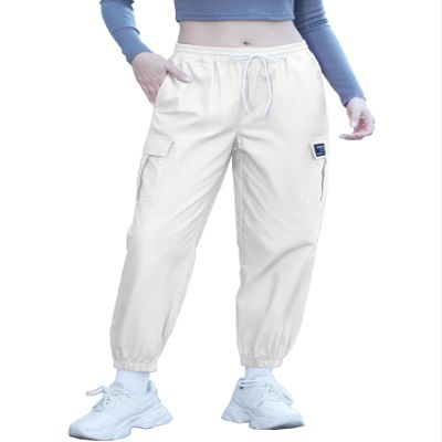 SANGTREE Girls Pants, Jogger Multi-Pocket Elastic Waist Pull On Cargo Pants with Drawstrings, White, 11-12 Years = Tag 160