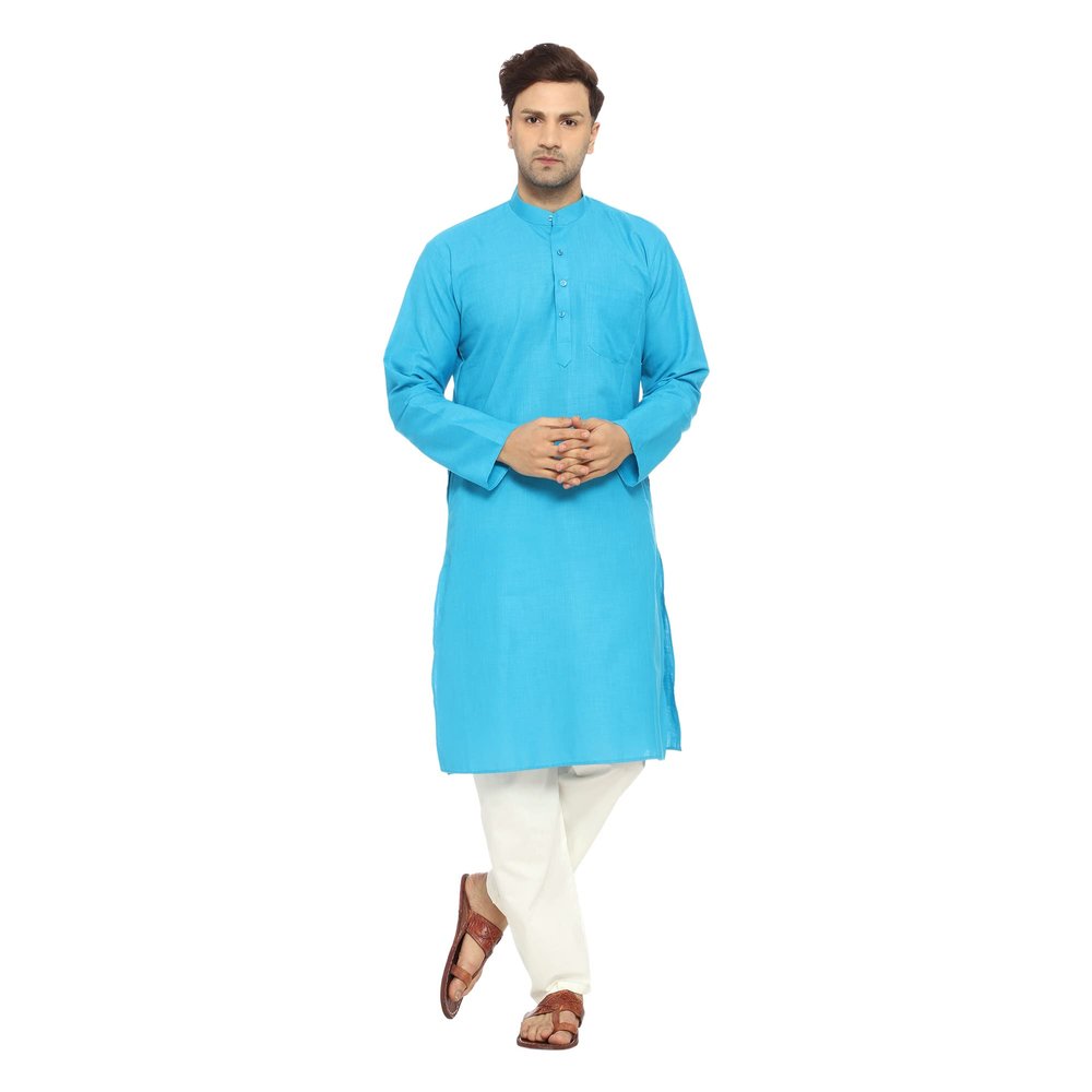 ITOS365 Men Cotton Blend Kurta Pyjama Set Party Fashion Regular Ethinic Wear Indian Dress Gift for Men Turquoise Small