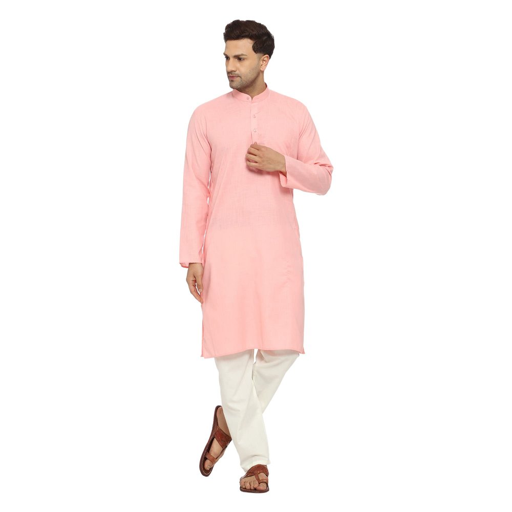ITOS365 Men Cotton Blend Kurta Pyjama Set Party Fashion Regular Ethinic Wear Indian Dress Gift for Men Light Pink Large